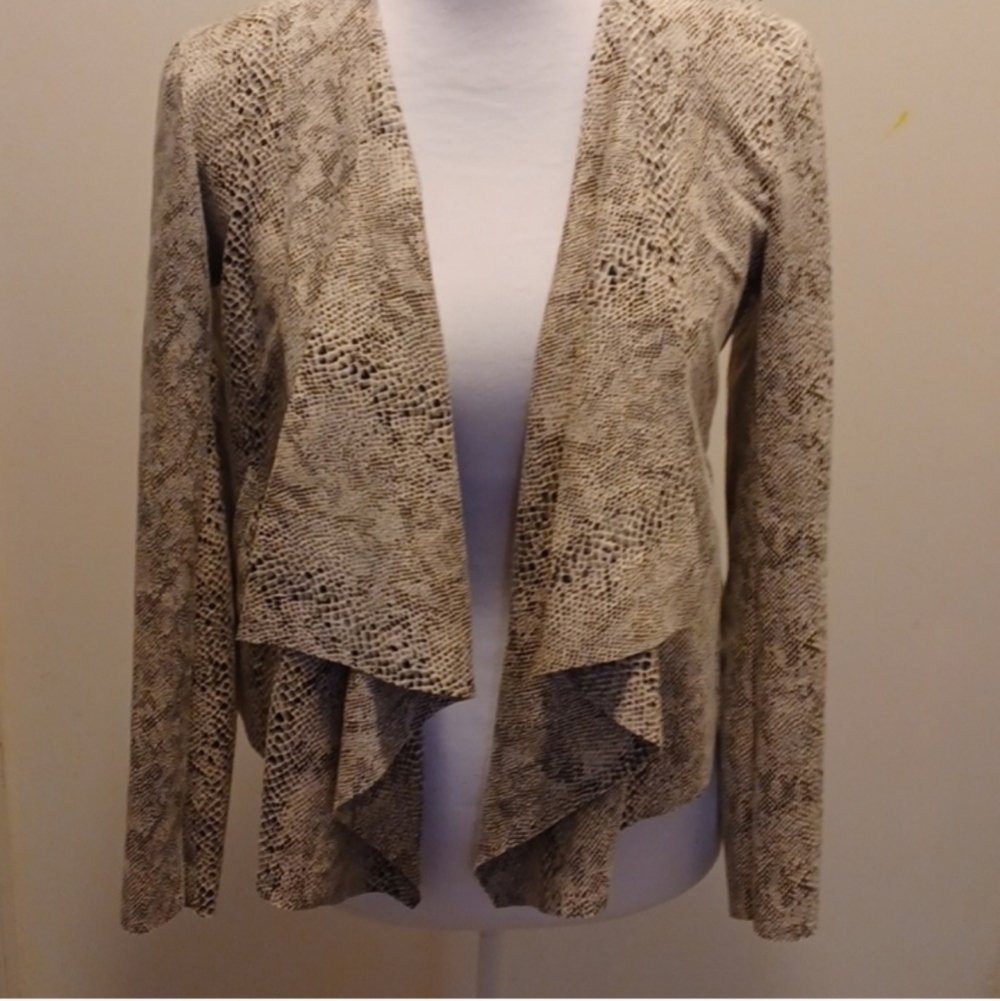 blank NYC open front draped jacket faux leather suede snake print